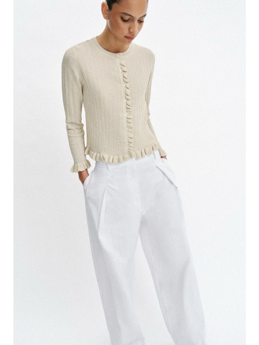 Zara Cream Ribbed Button-Front Cardigan - Picture 6 of 6